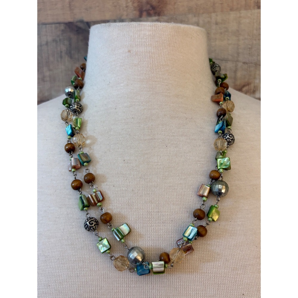 Multicolor Abalone Shell Wood Glass Bead Long Station Necklace Green Teal